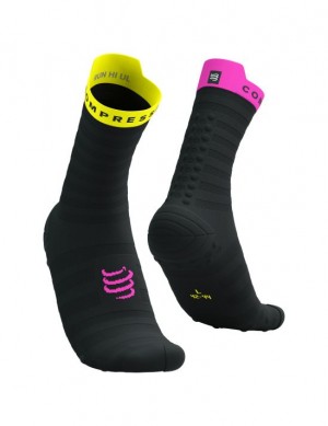 Compressport Pro Race Socks v4.0 Ultralight Run High Loopsokken Heren Zwart Geel Roze | PITEZ-4269