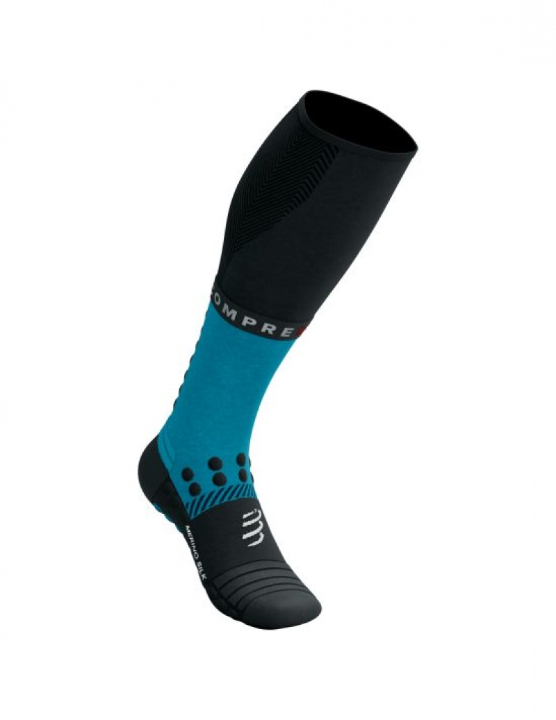 Compressport Full Socks Winter Run High Socks Heren Blauw Zwart | PYVOX-8273