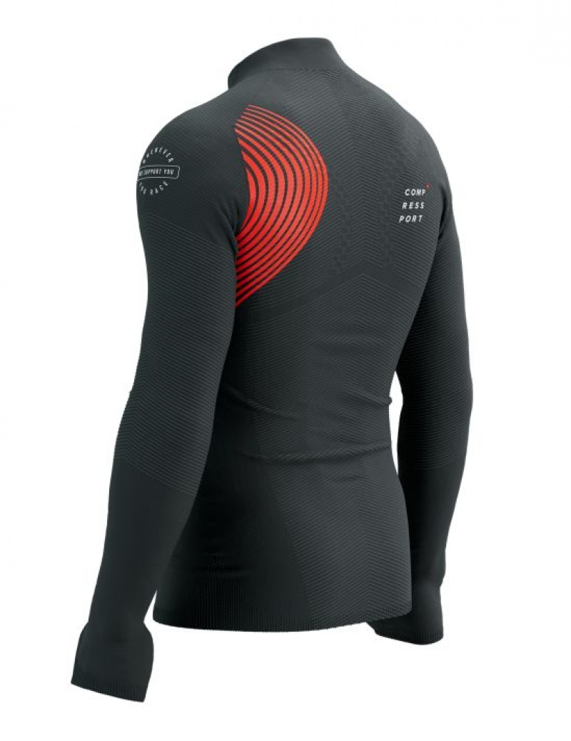 Compressport Winter Trail Postural LS Top M Hardloopshirts Heren Zwart Rood | SNDZO-1784