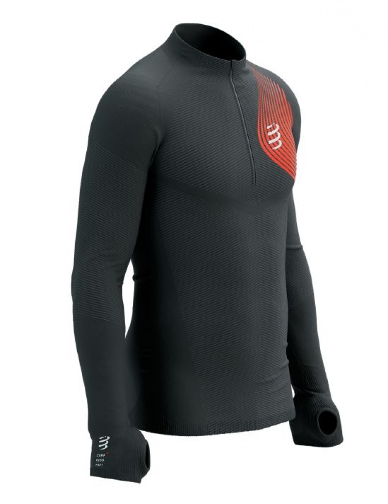 Compressport Winter Trail Postural LS Top M Hardloopshirts Heren Zwart Rood | SNDZO-1784